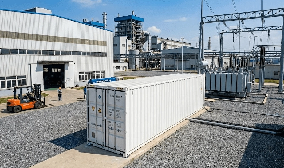 工廠旁設置之大型表後儲能設備，展示企業電力管理解決方案。